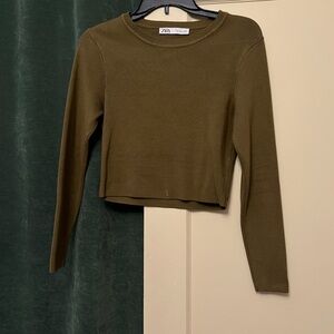 Zara Olive Cropped Long Sleeve Knit Top